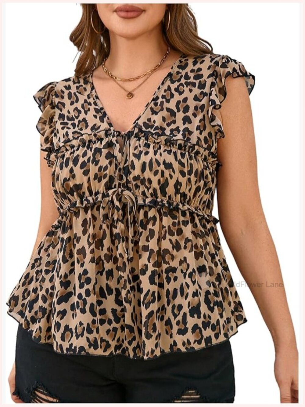 Plus Size Sleeveless Chiffon Blouse Leopard Print Ruffle Tie Front Peplum Top